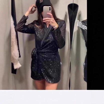 Damen Minikleid Paillettenbesatz Elegante Schleife