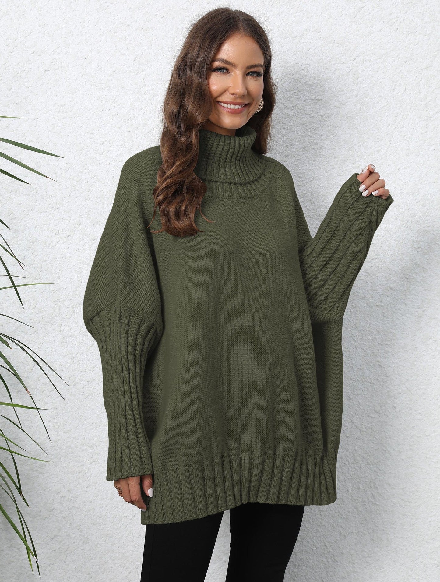 Damen Strickpullover Oversized Norvielle Hochkragen Voluminöse Ärmel