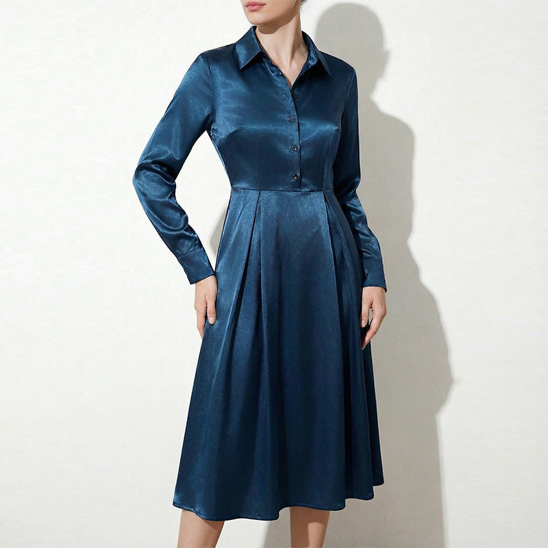 Damen Hemdblusenkleid Seide Glänzend Midi - Norvielle
