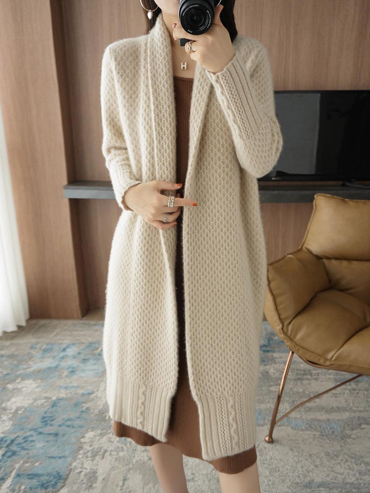 Damen Strickjacke Offene Front Zopfmuster Beige