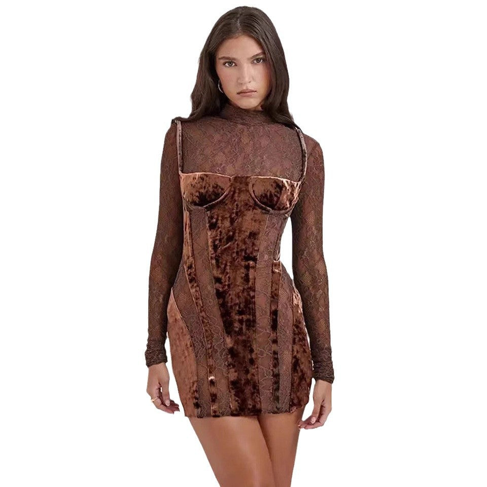 Damen Minikleid Spitze Samt Detail Figurbetont