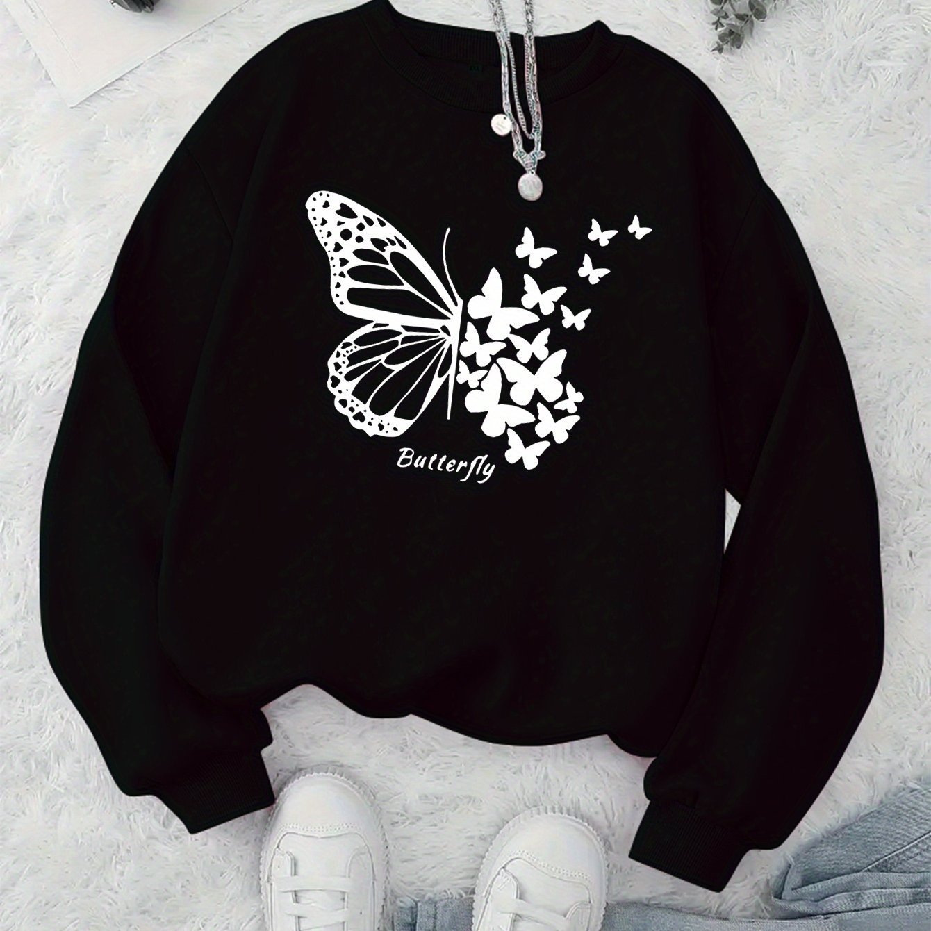 Damen Sweatshirt Schmetterlingsmotiv Lässig Grün