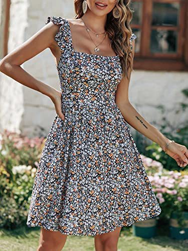 Damen Sommerkleid Rüschenärmel Schlitz dunkelblau