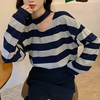 Damen Langarmshirt Streifen Modern Ausschnitt