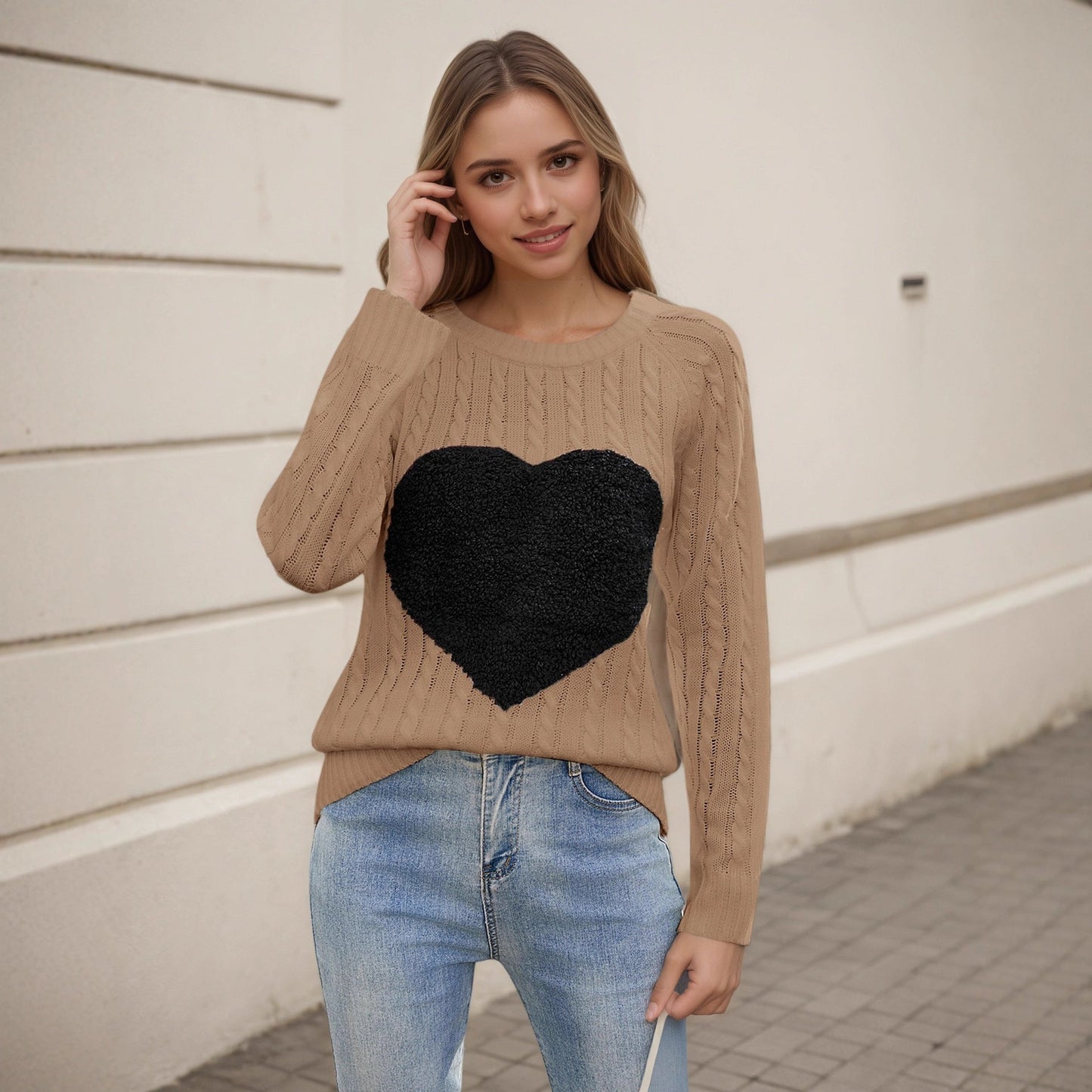 Damen Strickpullover Herz-Applikation Luftige Maschenstruktur