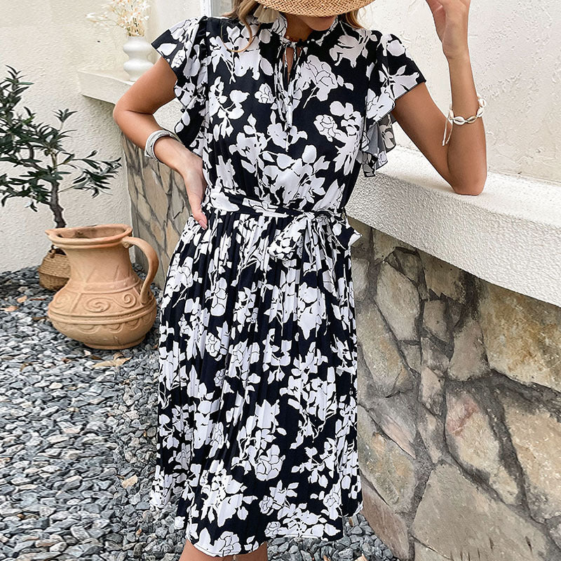 Damen Blumenkleid Rüschendetails Bindegürtel Norvielle