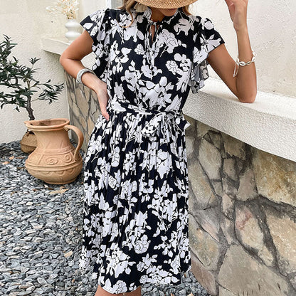 Damen Blumenkleid Rüschendetails Bindegürtel Norvielle