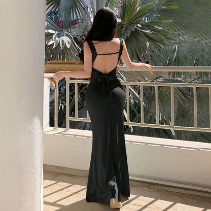 Damen Abendkleid Raffinierter Rückenausschnitt Dekorativer Bindebund
