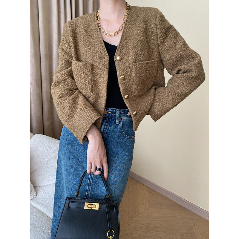 Damen Bouclé-Jacke mit Knöpfen Beige - Norvielle