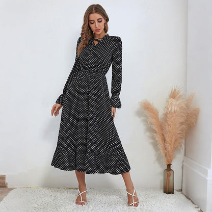 Damen Maxikleid mit Punkten und Taillengürtel - Norvielle