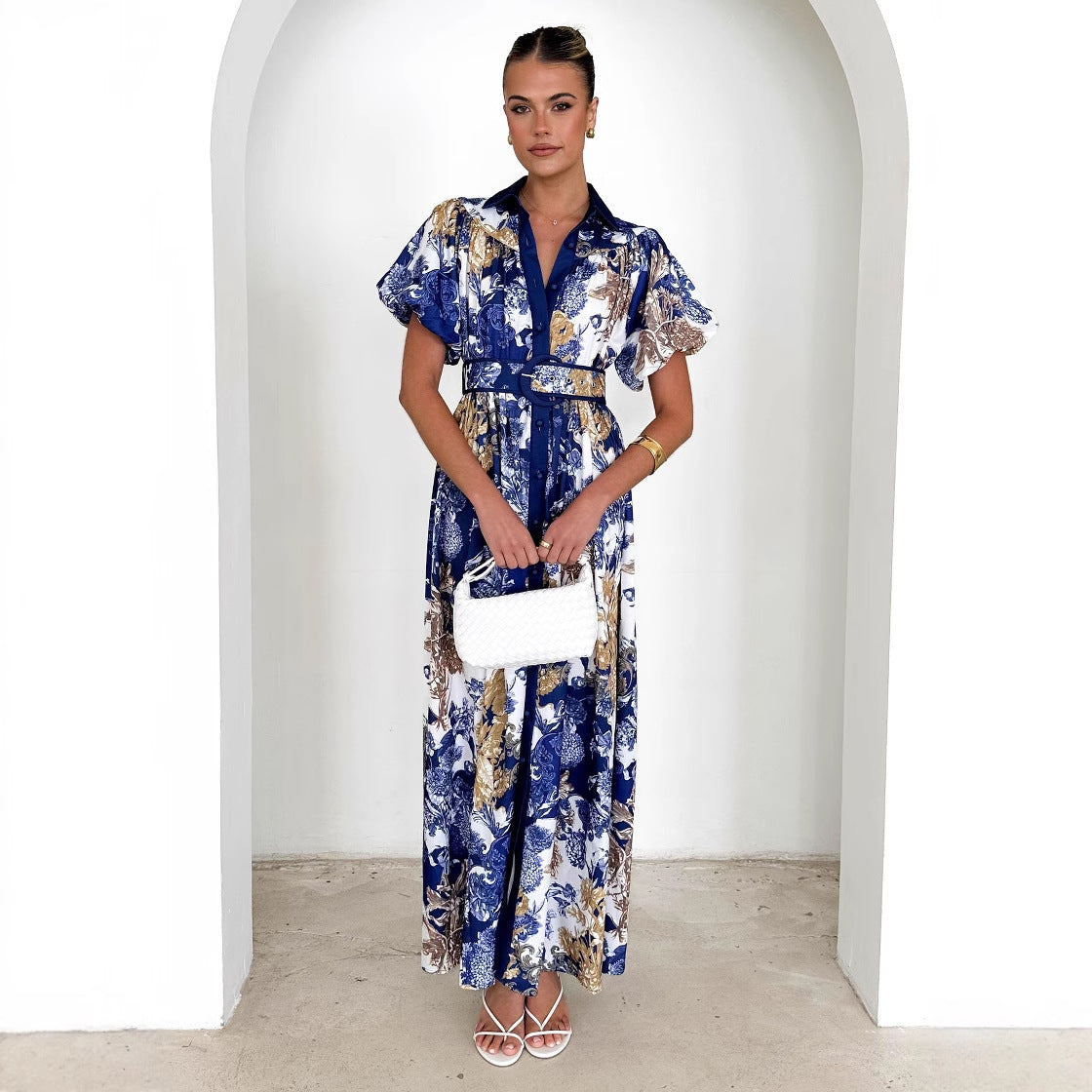 Damen Maxikleid Floralmuster Taillengürtel
