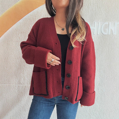 Damen Strickcardigan Weich V-Ausschnitt Große Taschen Beige