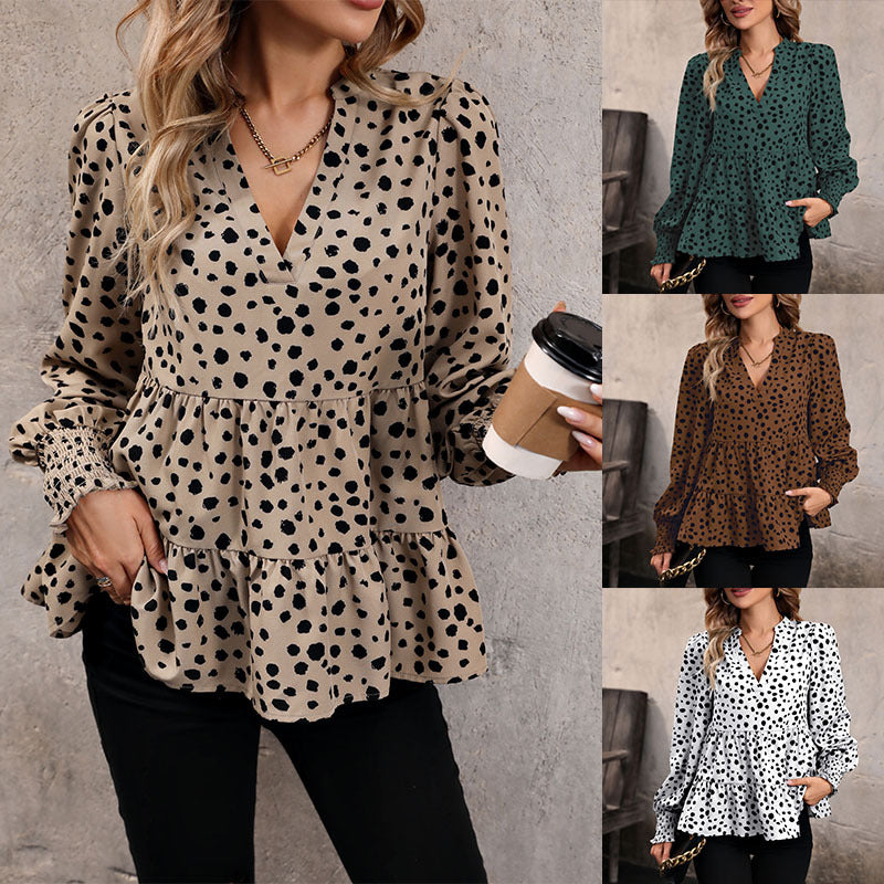 Damen Bluse aus Leinen mit Rüschendetails und Punkten Weiß - Norvielle