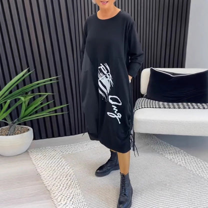 Damen Oversized Hoodie-Kleid mit Seitentaschen und Grafik-Print - Norvielle