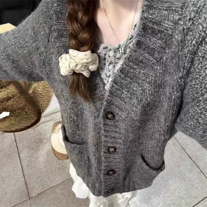 Damen Strickjacke V-Ausschnitt Dekorative Knöpfe Beige