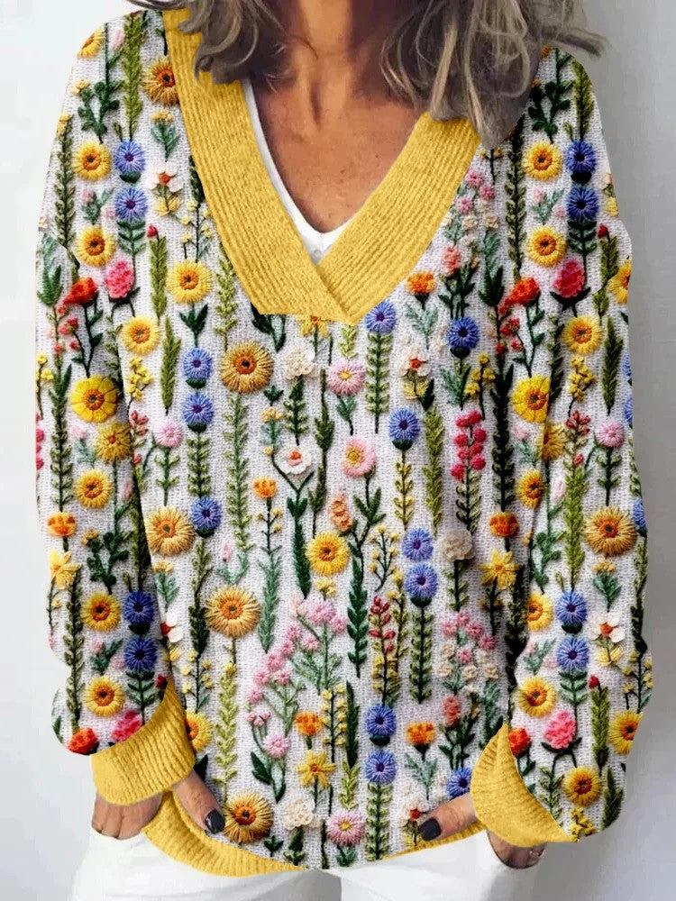 Damen Pullover V-Ausschnitt Floralmuster Lässig Norvielle