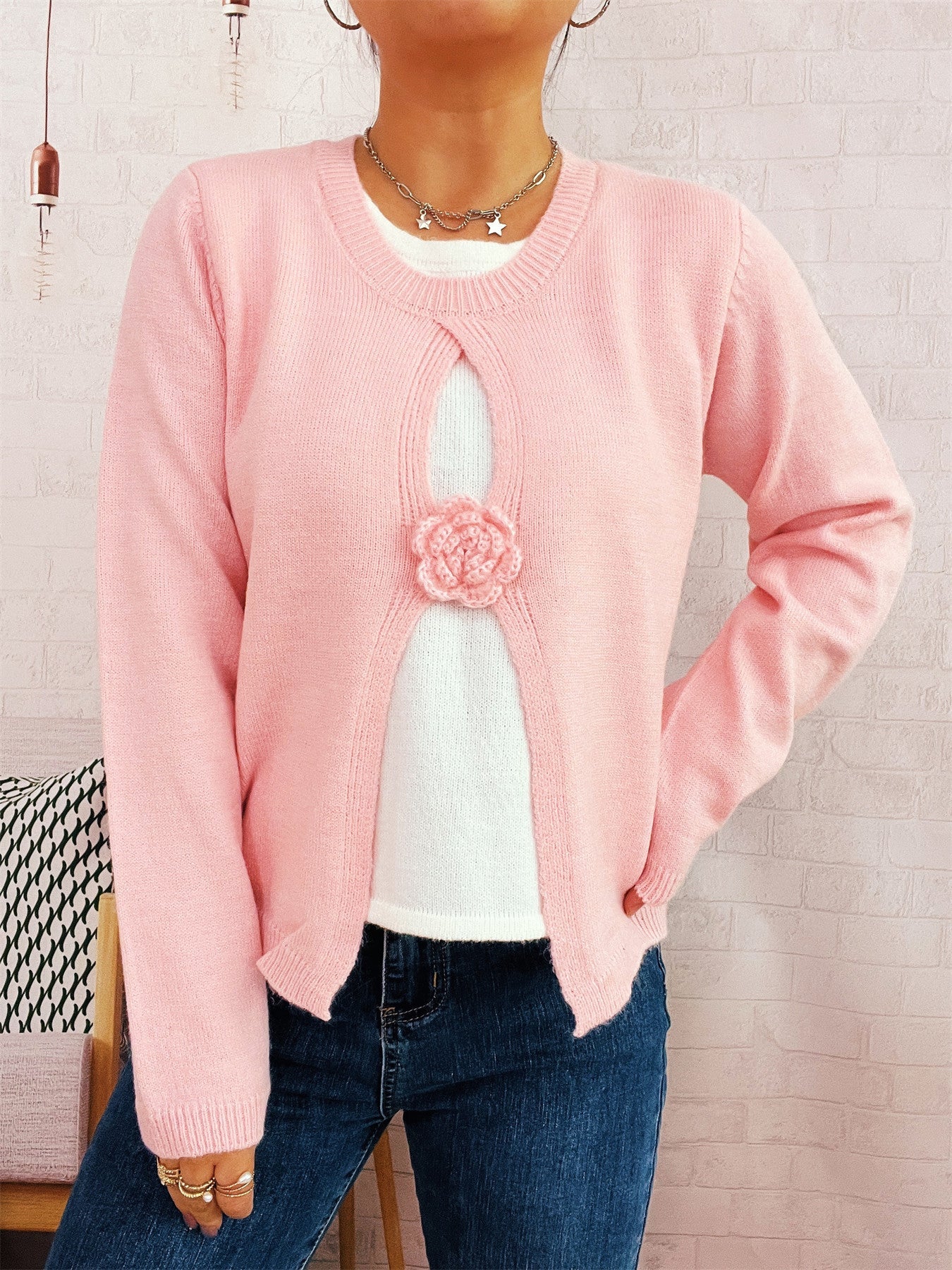 Damen Strickjacke Florales Design V-Ausschnitt