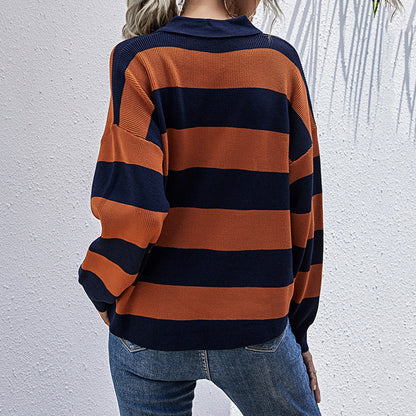 Damen Oversized Pullover Streifenmuster Knopfleiste Norvielle