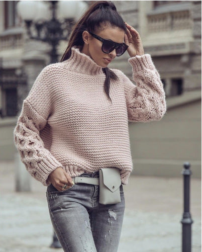 Damen Strickpullover Hochkragen Pompöne Ärmel Norvielle