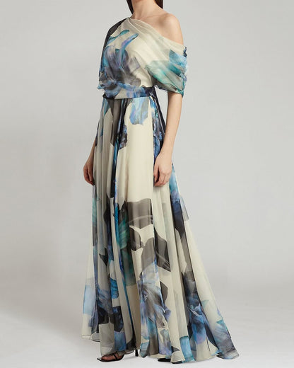 Damen Chiffon-Kleid Schulterfrei Floralmuster Norvielle