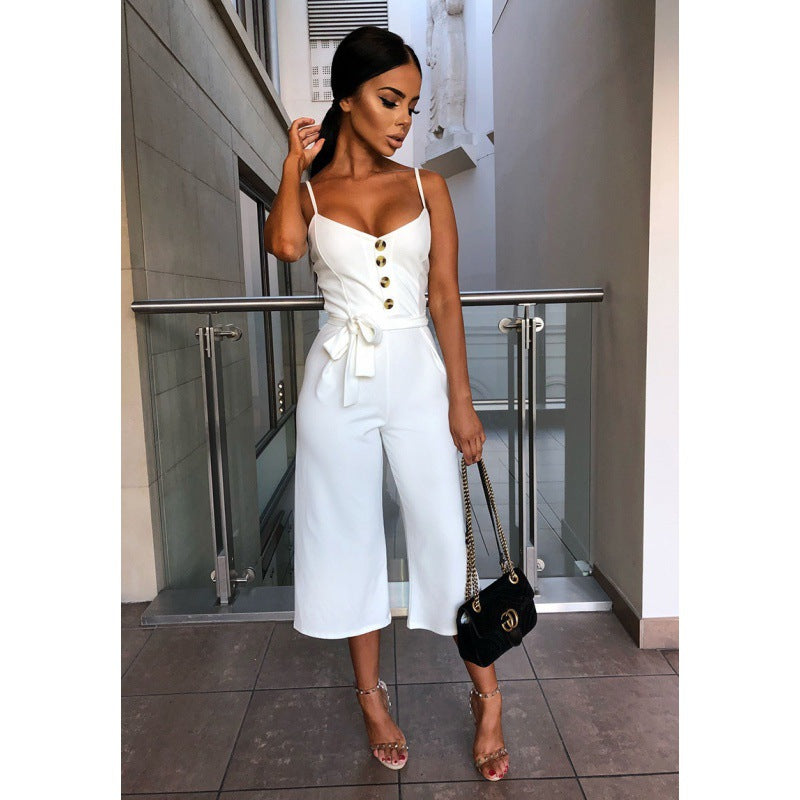 Damen Jumpsuit V-Ausschnitt Seiden Gürtel