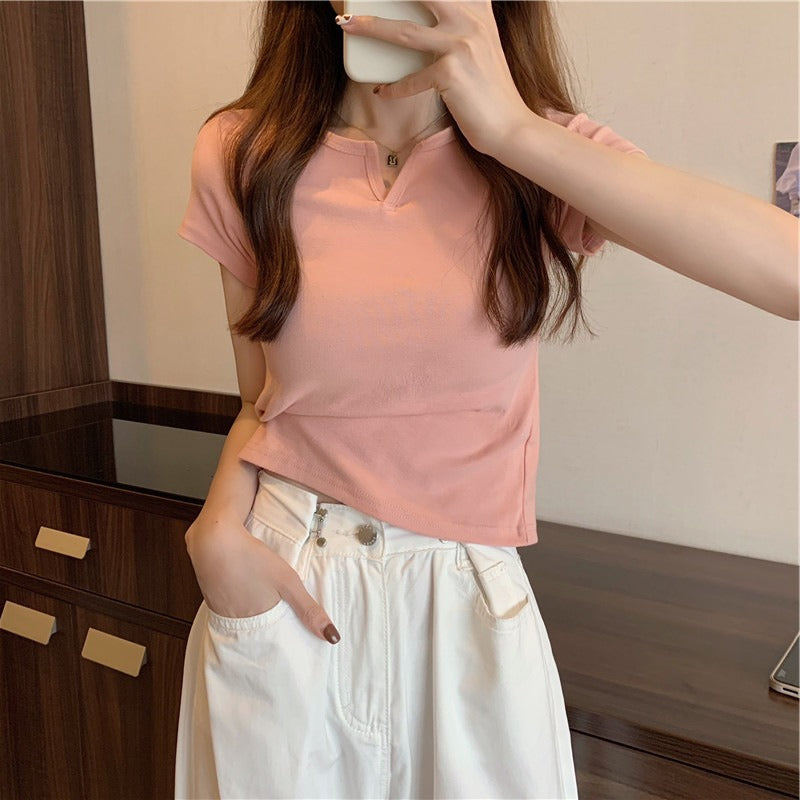 Damen T-Shirt Kurzarm V-Ausschnitt Elegantes Design Weiß