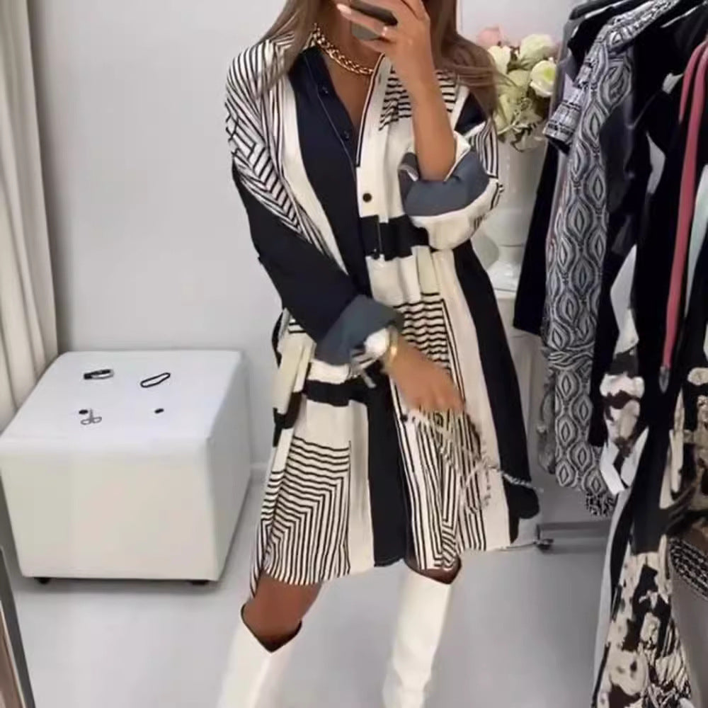 Damen Hemdblusenkleid mit grafischem Muster und Volumenärmeln