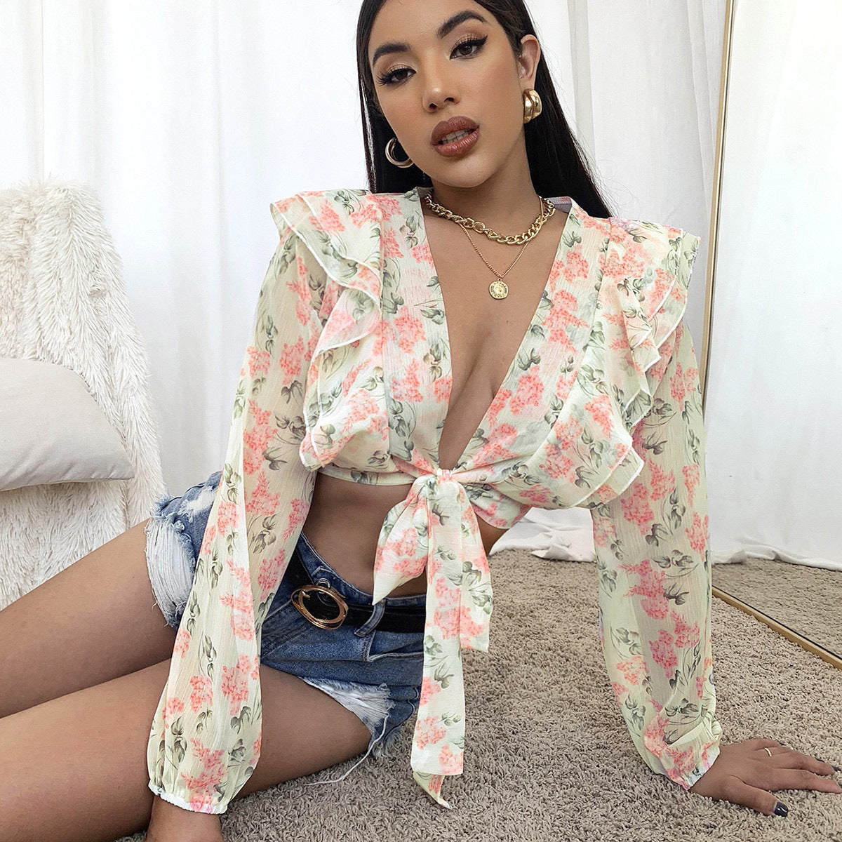 Damen Bluse Florales Design Rüschen Norvielle