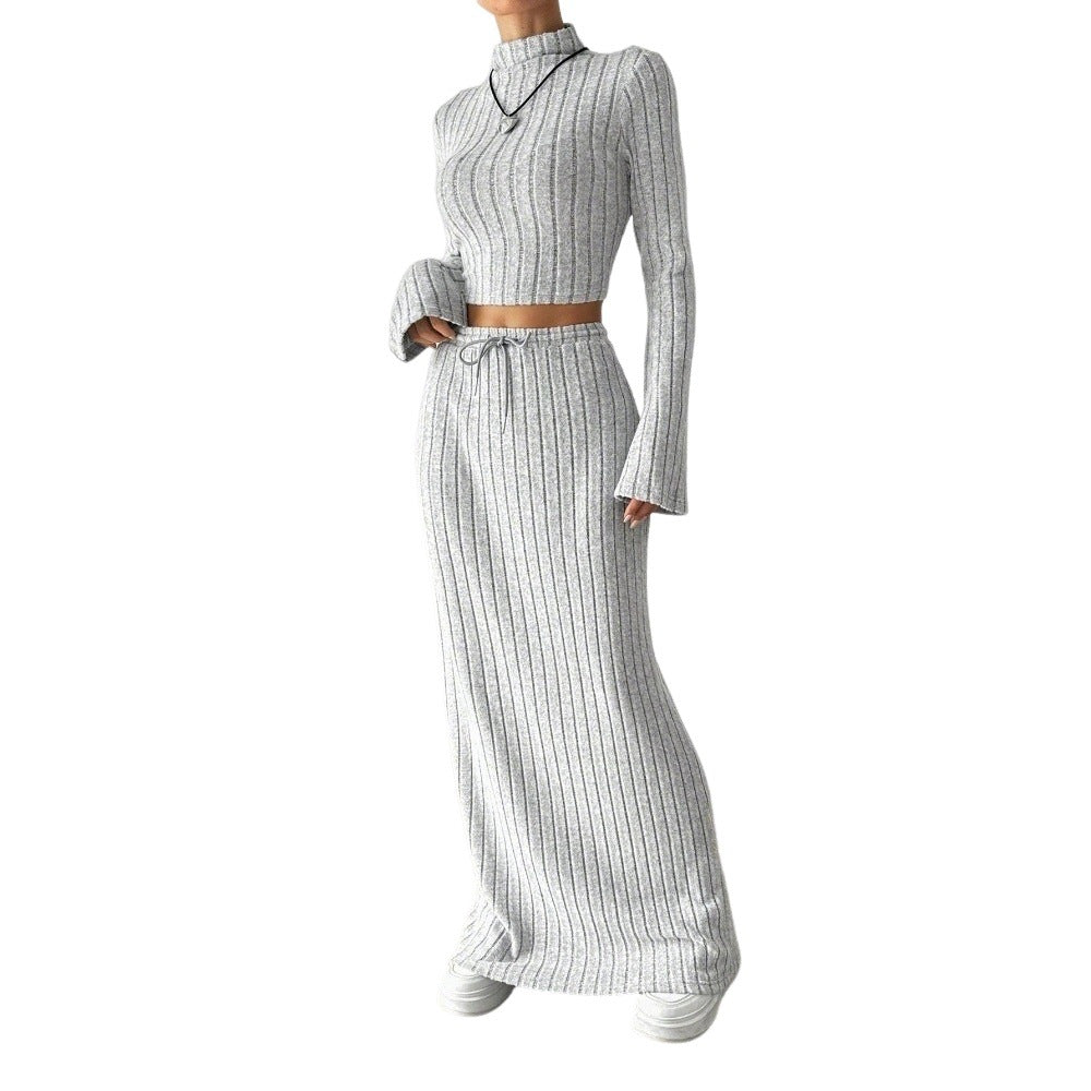 Damen Langarm Crop- und Maxi-Rock Set Rippstruktur Elegant