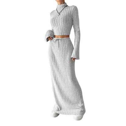 Damen Langarm Crop- und Maxi-Rock Set Rippstruktur Elegant