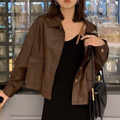 Damen Lederjacke Kurz Dekorative Knöpfe