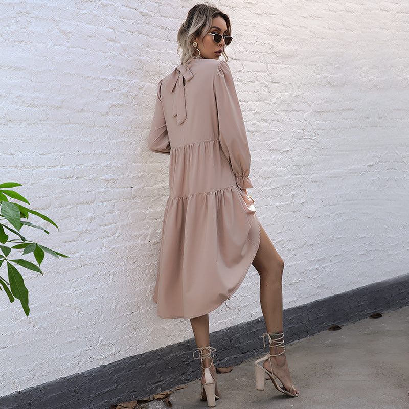 Damen Wickelkleid Asymmetrisch Rüschen Stehkragen Norvielle