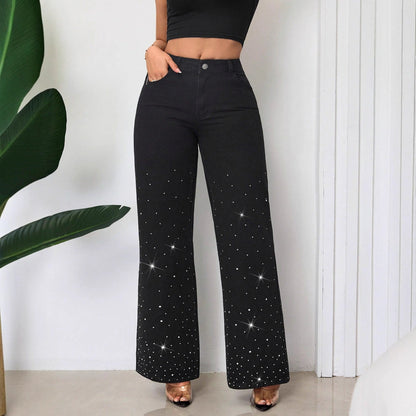 Damen High-Waist Jeans Strassbesatz Weit Schnitt