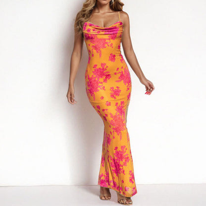Damen Maxi-Kleid mit Wasserfallausschnitt und Spaghettiträgern