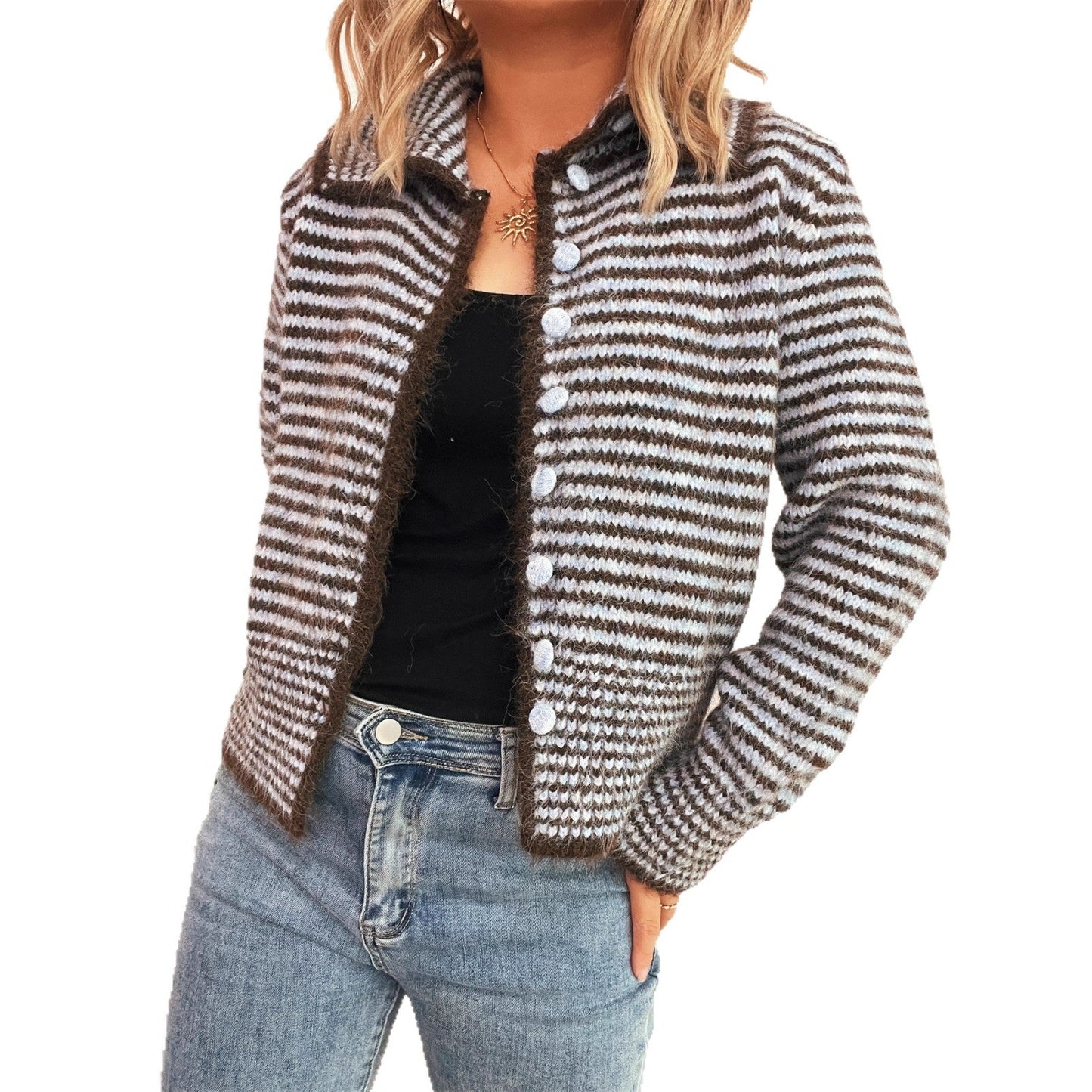 Damen Strickcardigan mit Streifenmuster und großen Knöpfen