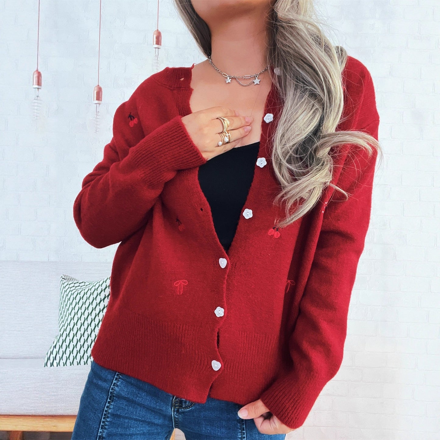 Damen Strickjacke Bunt Stickdesign Knopfverschluss - Norvielle