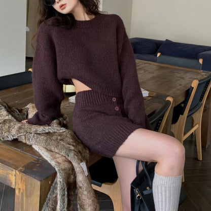 Damen Strickoberteil Minirock-Set Wolle