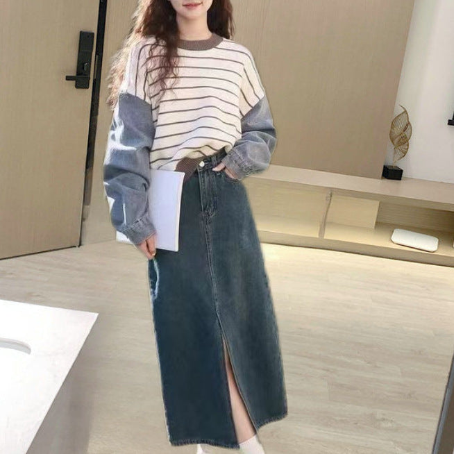 Damen Sweater mit Denim Ärmeln Norvielle