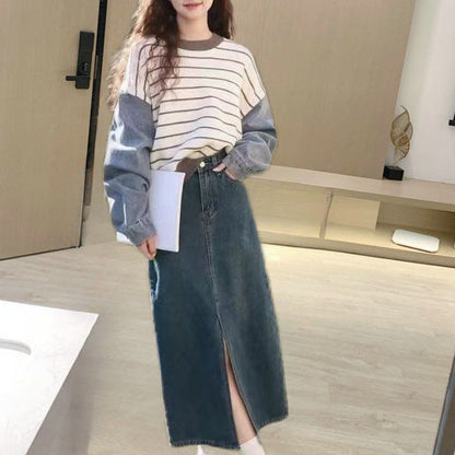 Damen Sweater mit Denim Ärmeln Norvielle