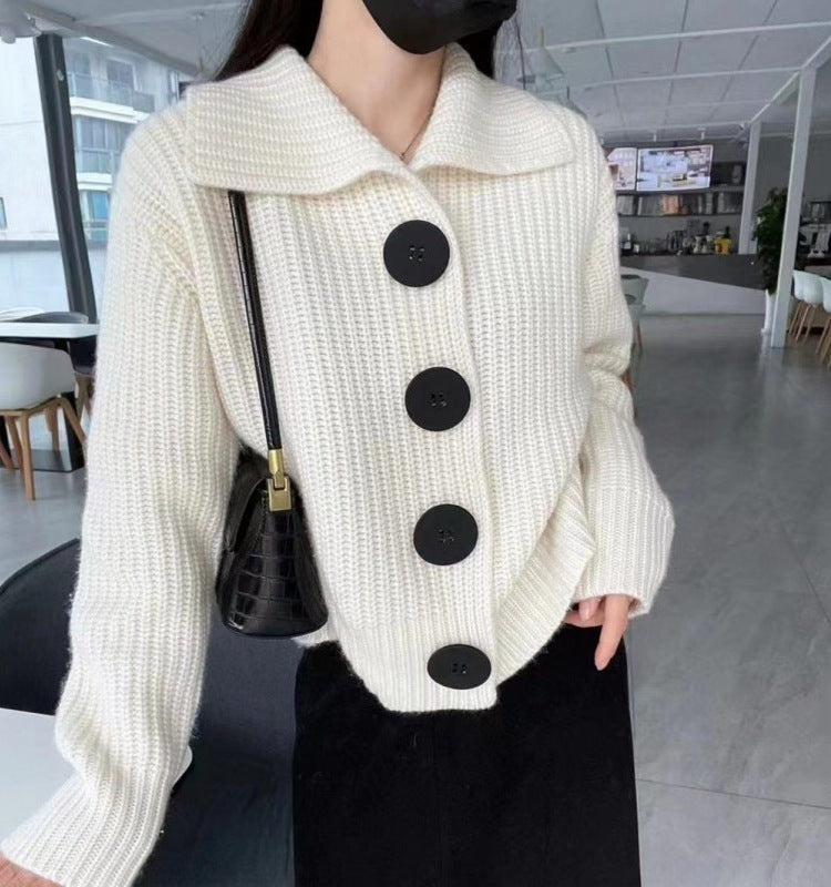Damen Strickjacke Kuschelig Breite Knöpfe Klassischer Kragen Beige