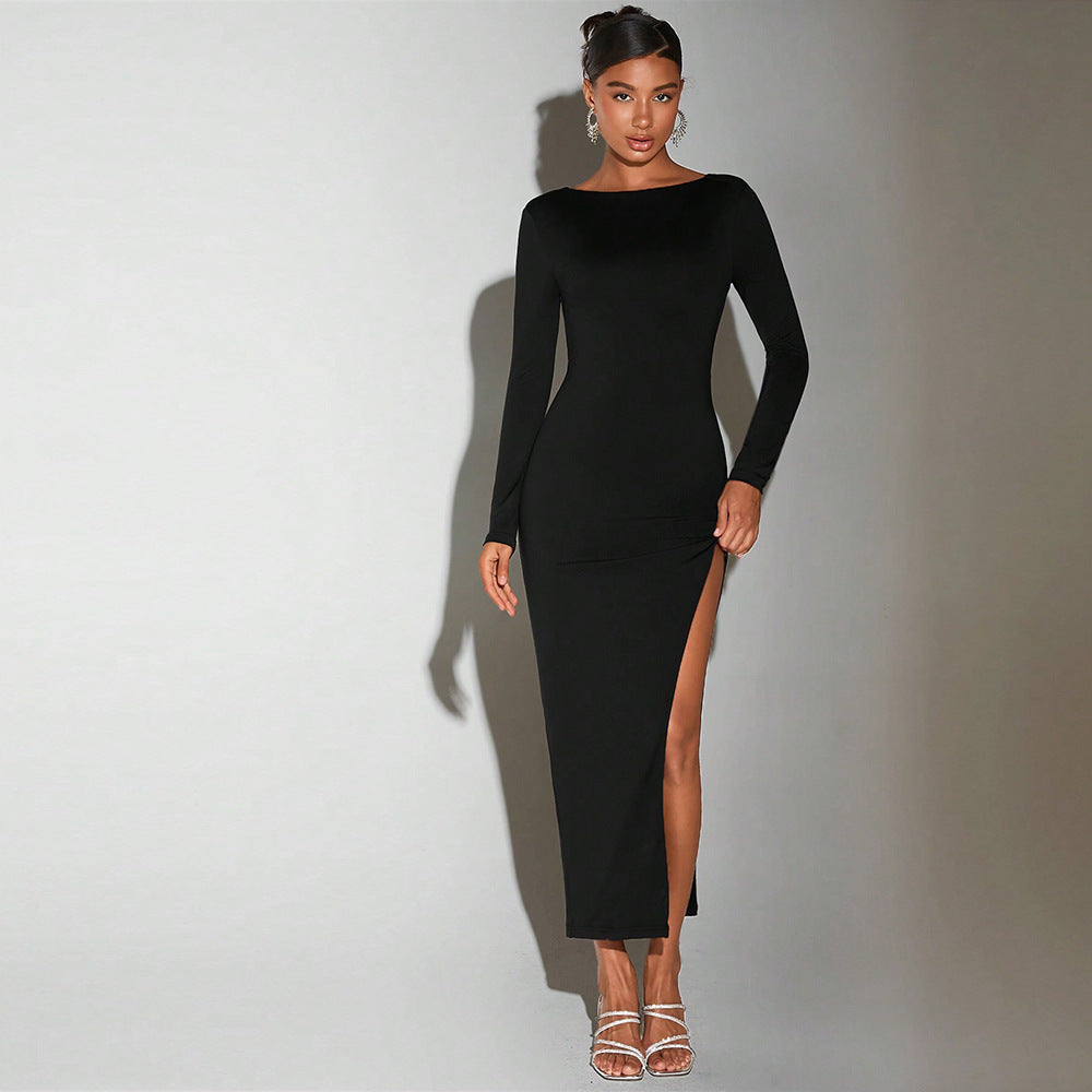 Damen Abendkleid Lang mit Glitzer-Seiteneinsatz und hohem Schlitz