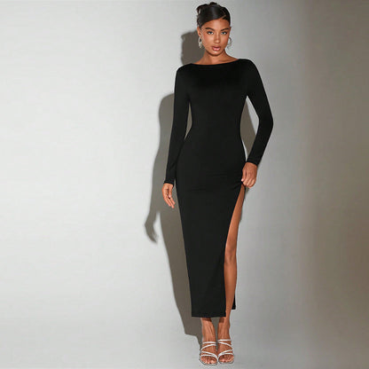 Damen Abendkleid Lang mit Glitzer-Seiteneinsatz und hohem Schlitz