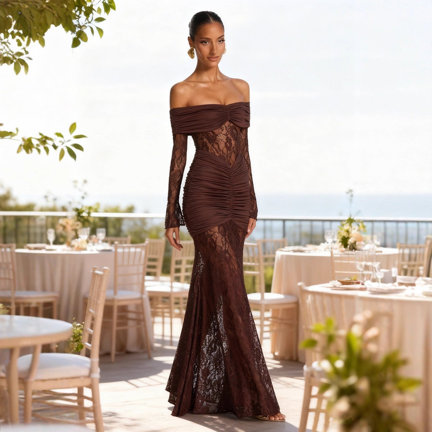 Damen Maxikleid Spitze Rüschendetails Schulterfrei