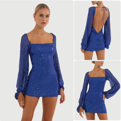 Damen Paillettenkleid mit Ärmeln Figurbetont Schwarzes Abendkleid - Norvielle