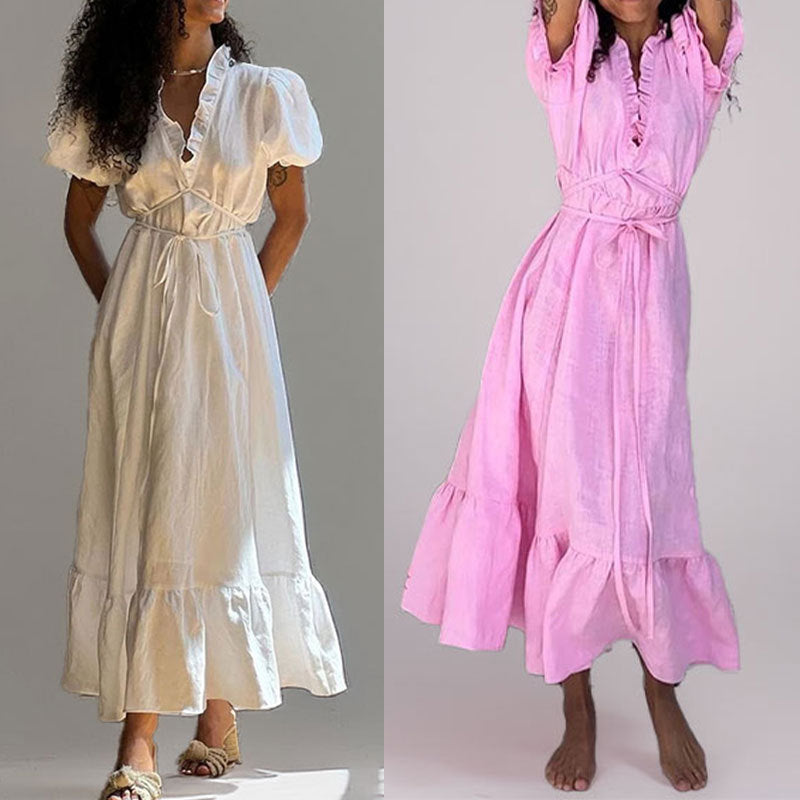 Damen Maxikleid Wickeloptik Rüschensaum Norvielle