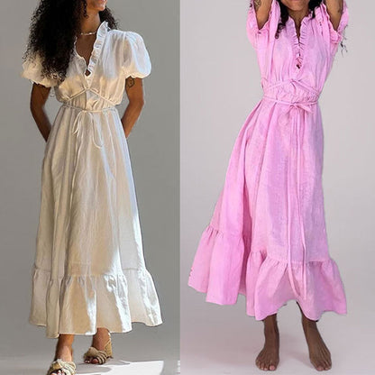 Damen Maxikleid Wickeloptik Rüschensaum Norvielle