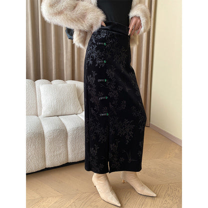 Damen Maxikleid Florales Samt-Design Elegant
