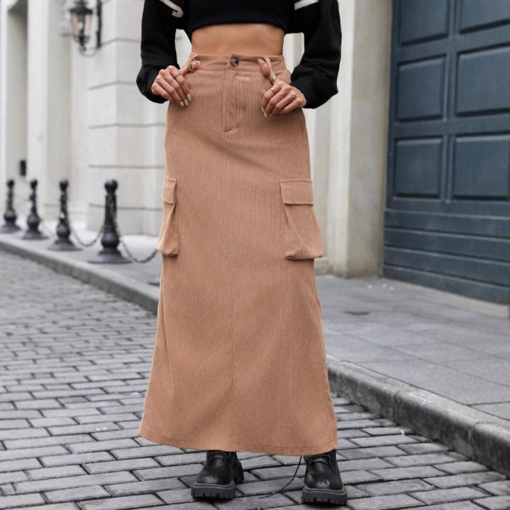 Damen Cargo Rock Midi mit Seitentaschen Elastischer Bund Schwarz - Norvielle