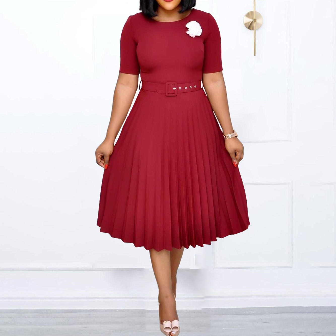 Damen Plissiertes Kleid mit Taillengürtel Elegantes