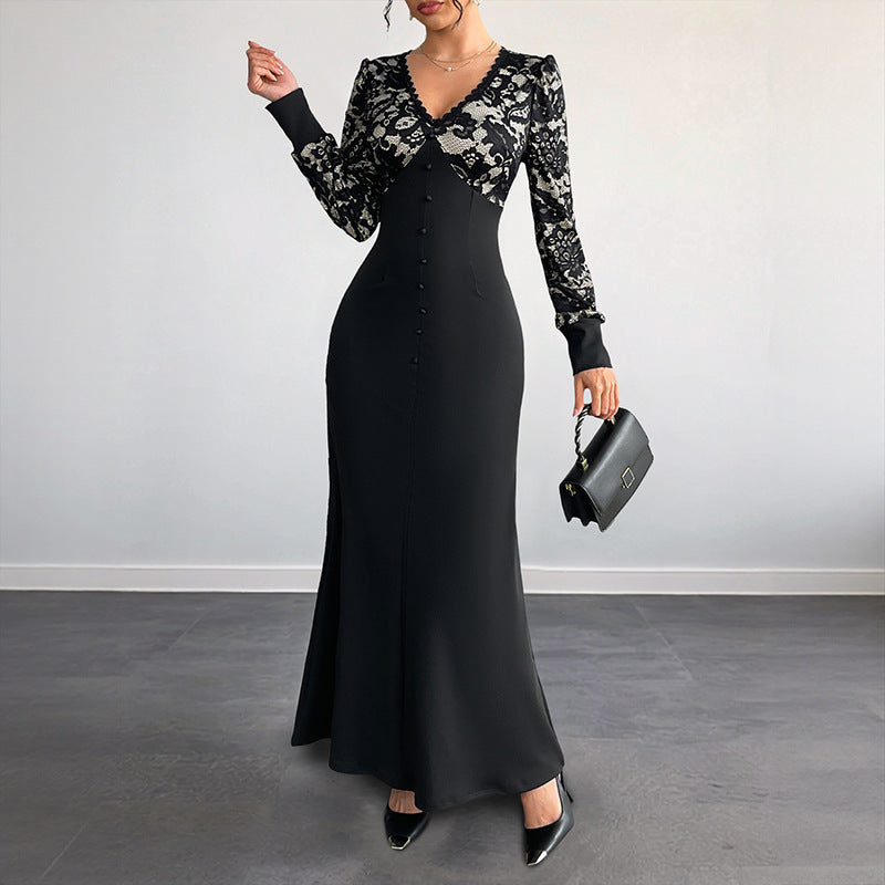 Damen Maxikleid Spitze Tailliert Norvielle